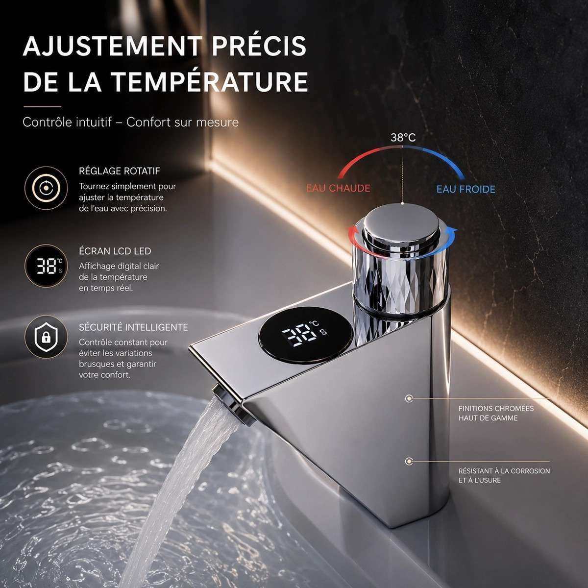 Mitigeur lavabo électronique chrome avec affichage – Time