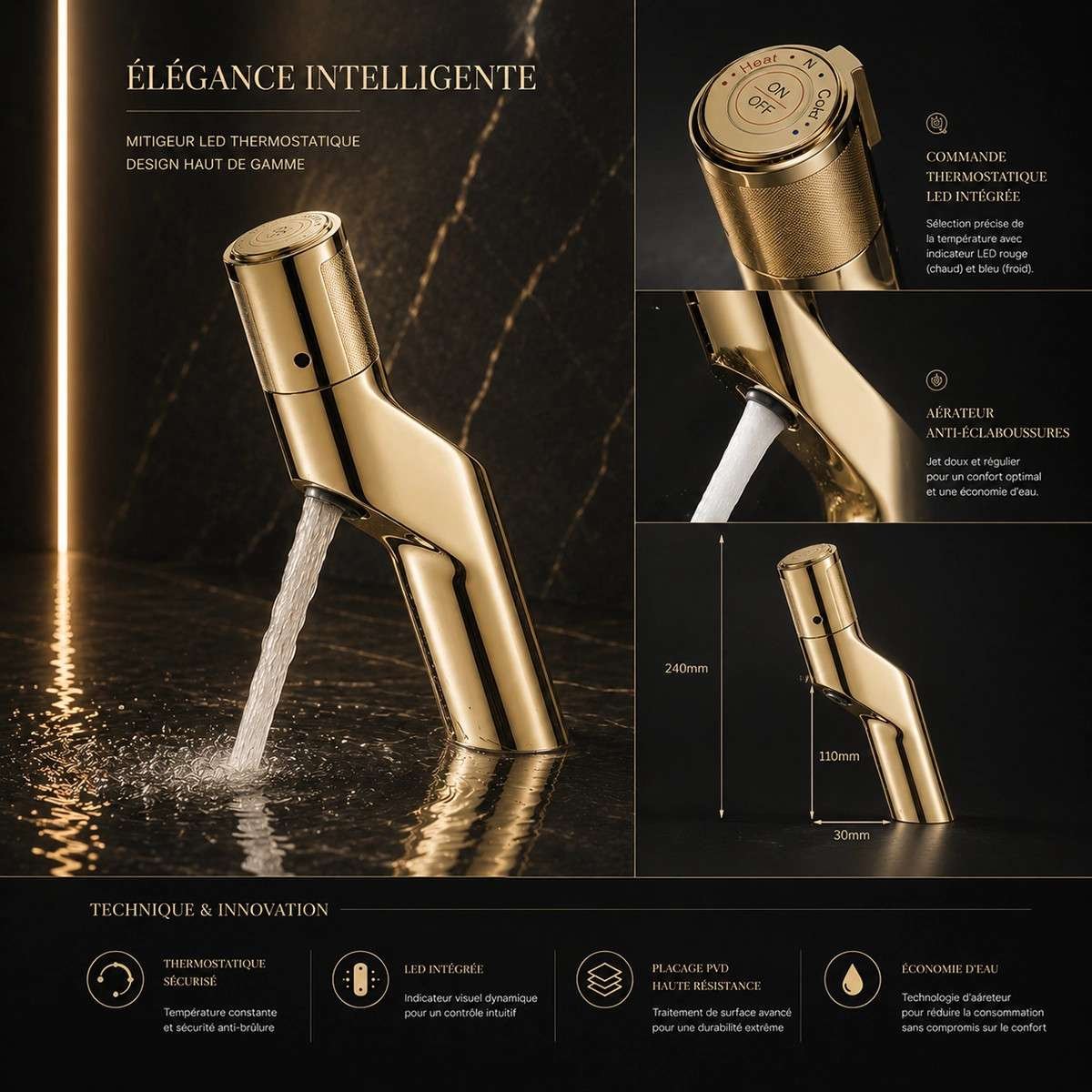 Mitigeur lavabo électronique doré brossé inox – Verso