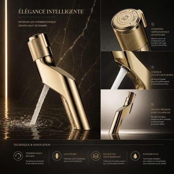 Mitigeur lavabo électronique doré brossé inox – Verso