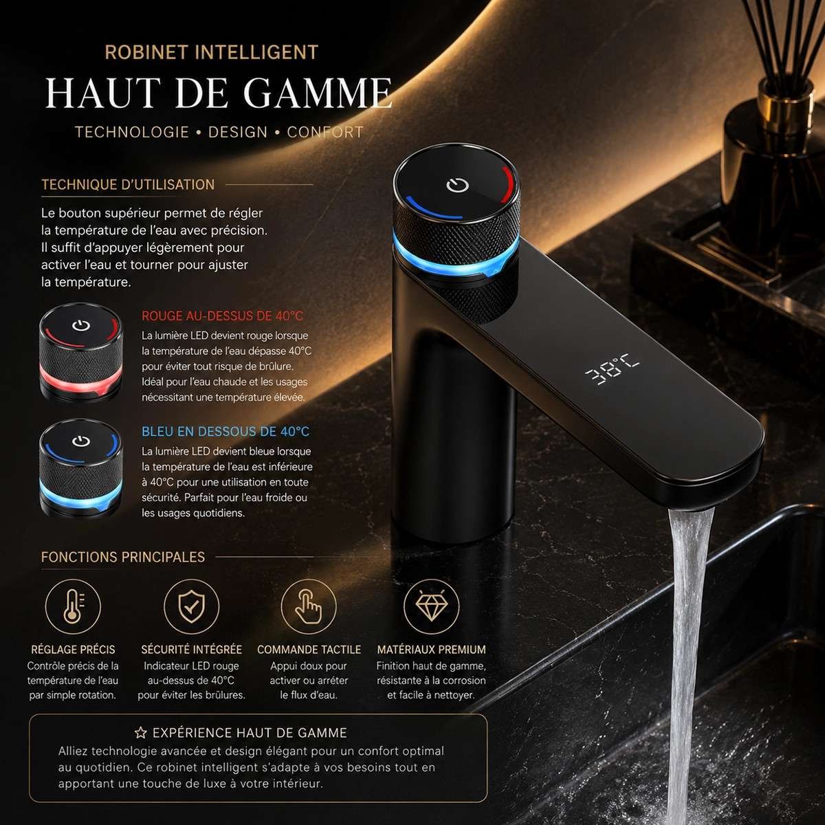 Mitigeur lavabo électronique noir avec affichage – Versus
