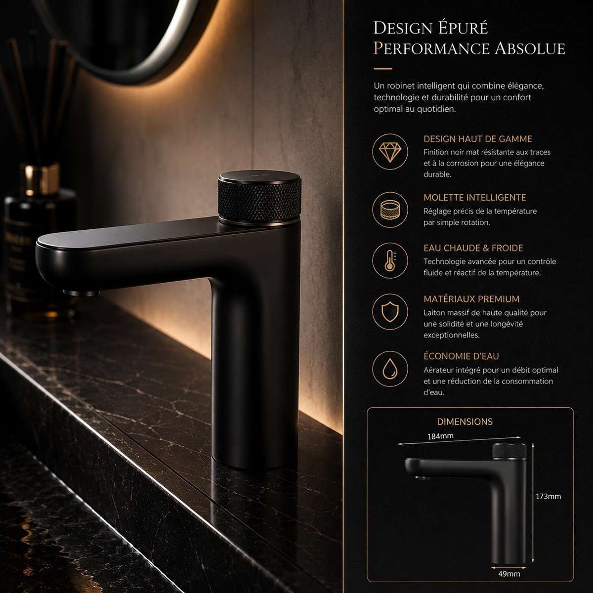 Mitigeur lavabo électronique noir avec affichage – Versus