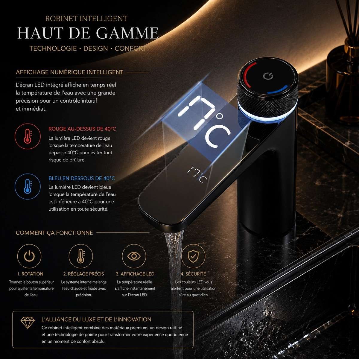 Mitigeur lavabo électronique noir avec affichage – Versus