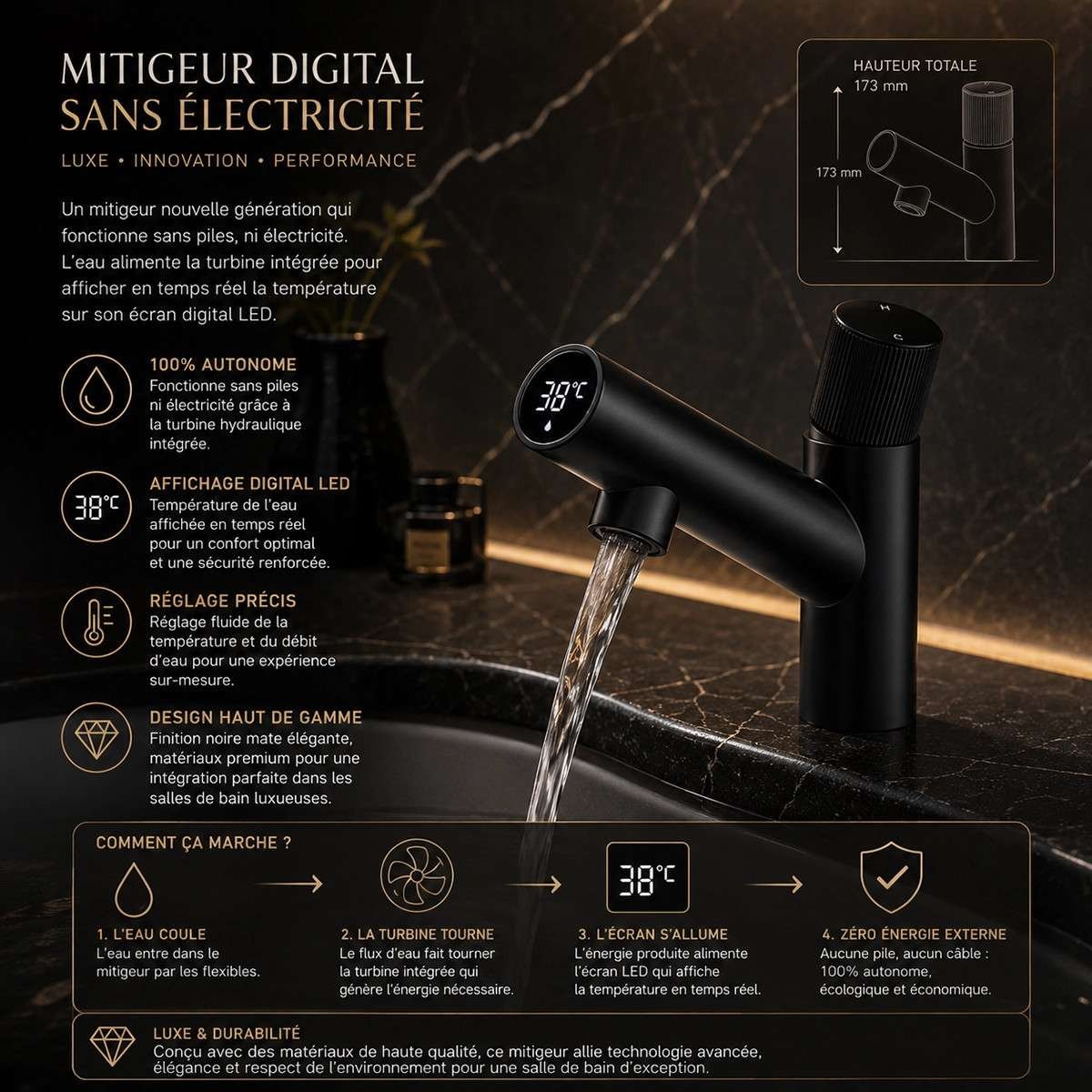Mitigeur lavabo électronique noir, Iso