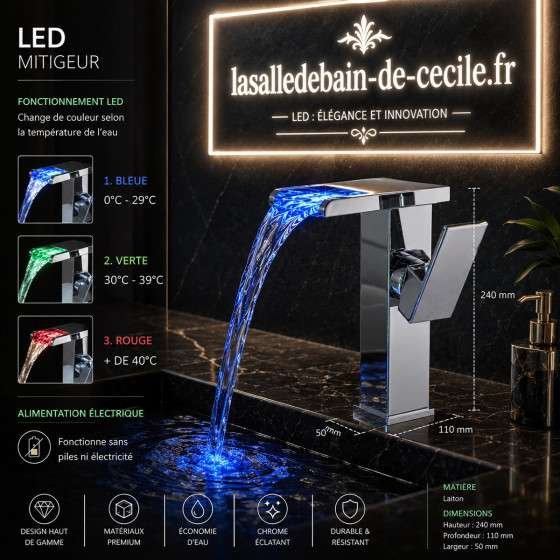Mitigeur lavabo LED Proton chrome | Cascade lumineuse