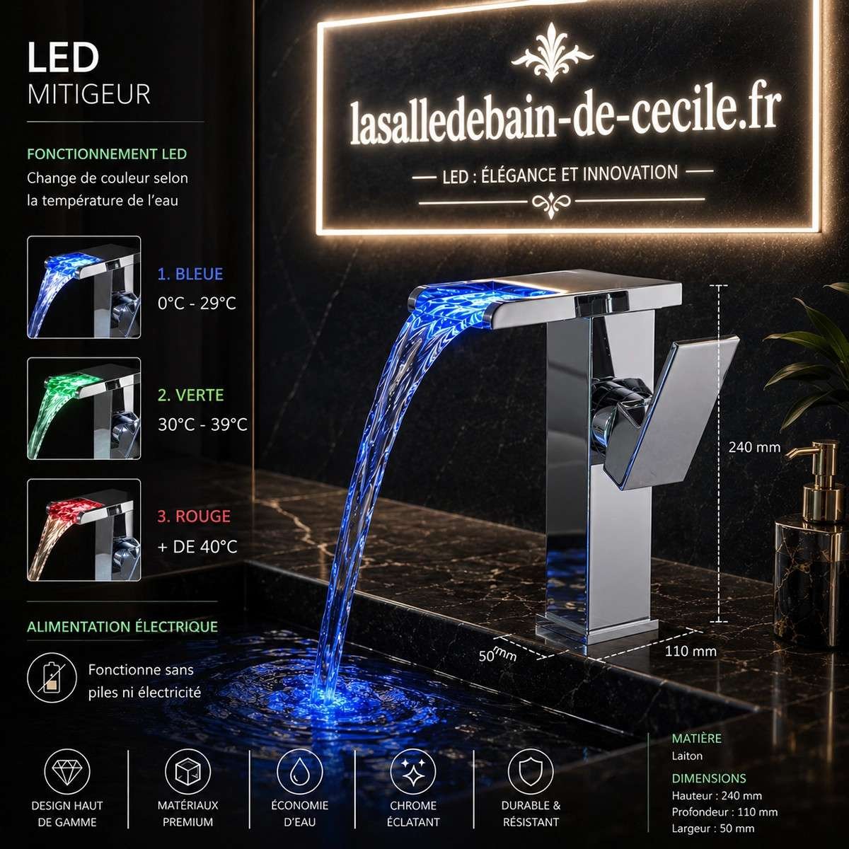Mitigeur lavabo LED Proton chrome | Cascade lumineuse