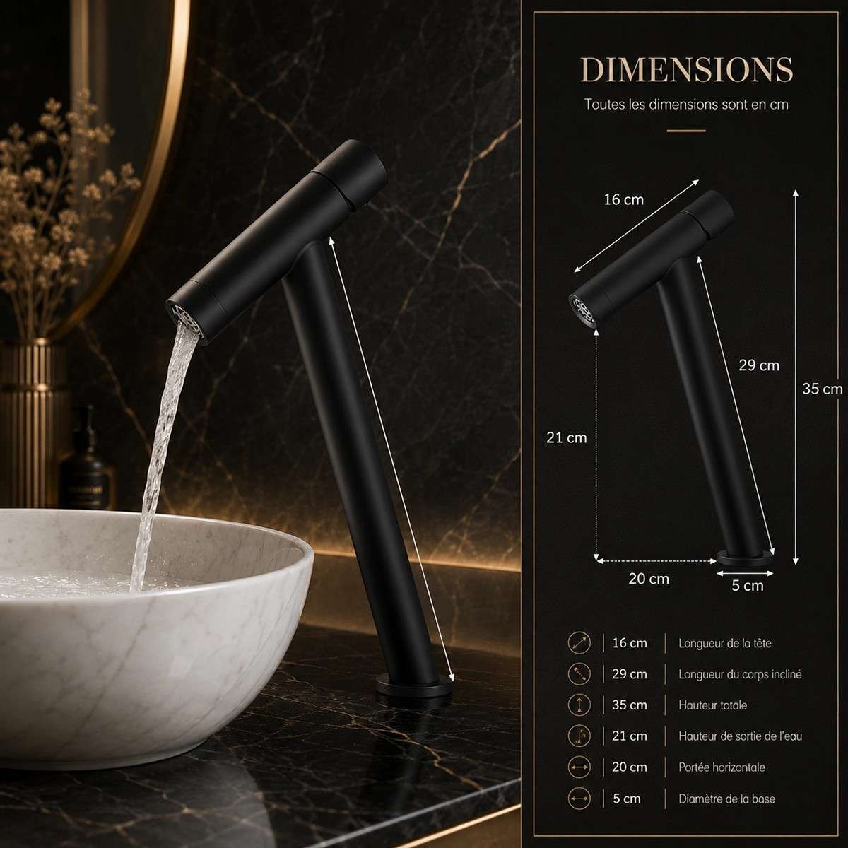 Mitigeur lavabo surélevé Kyo noir | Design incliné moderne