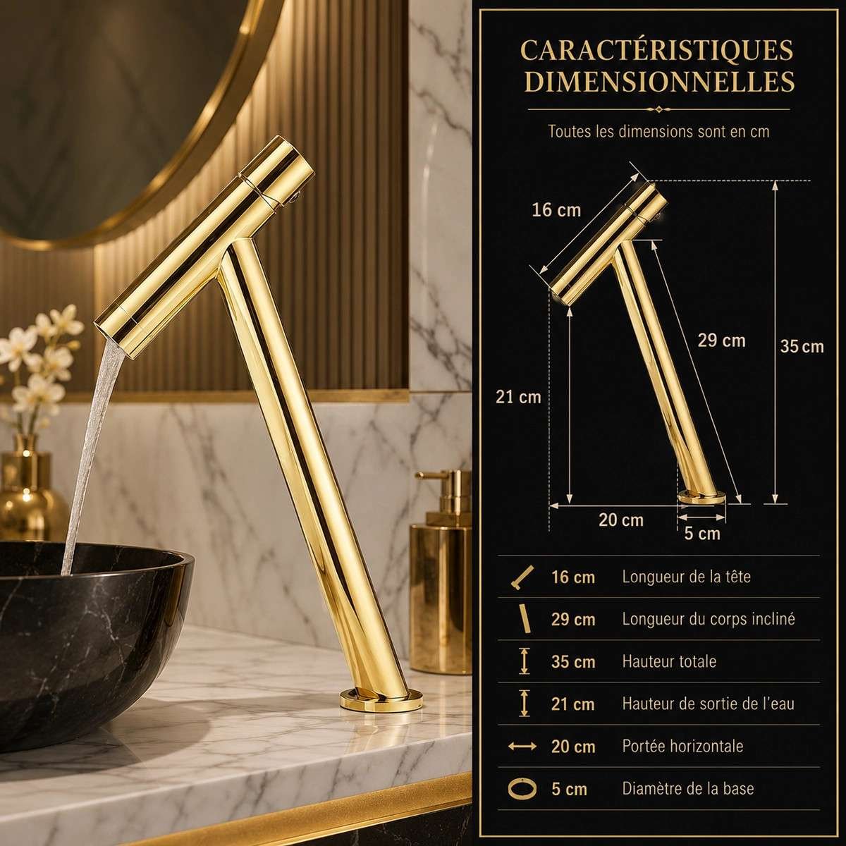 Mitigeur lavabo surélevé Cross doré | Design incliné luxe