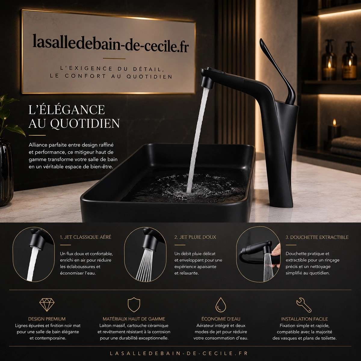 Mitigeur lavabo noir Spanish | Douchette extractible