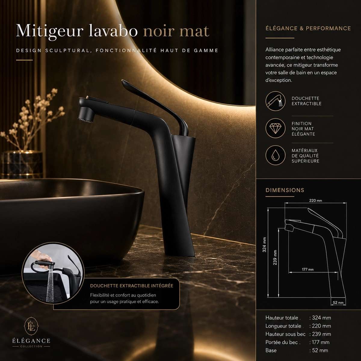 Mitigeur lavabo noir Spanish | Douchette extractible