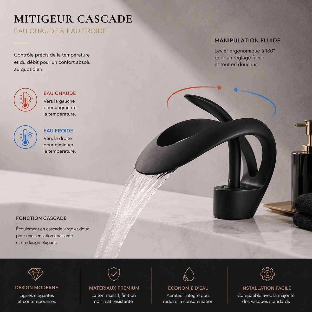 Mitigeur lavabo noir Lands | Design moderne et élégant