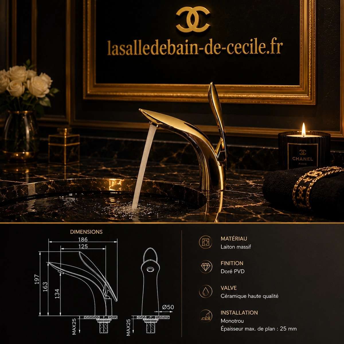 Mitigeur vasque doré Carda en laiton – Salle de bain luxe