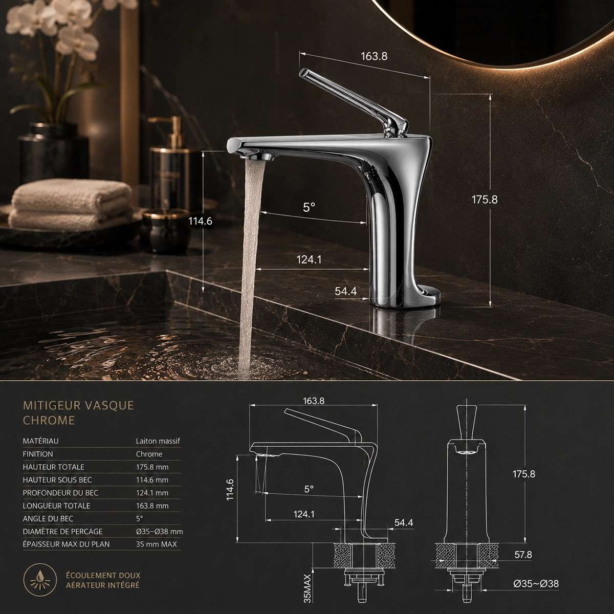 Mitigeur lavabo Cyrius chrome inox | Design moderne