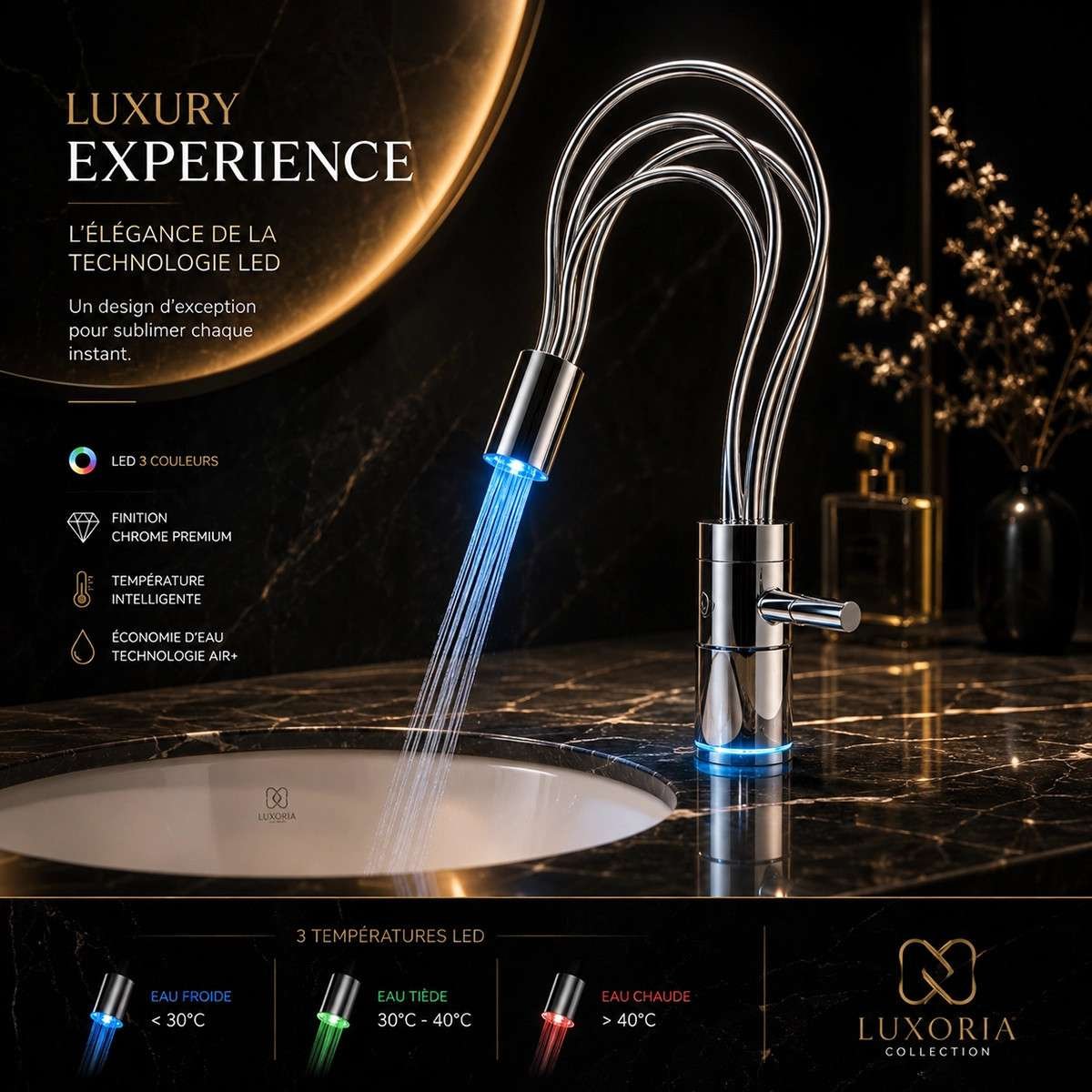 Mitigeur lavabo LED Naiso chrome inox | Indicateur eau
