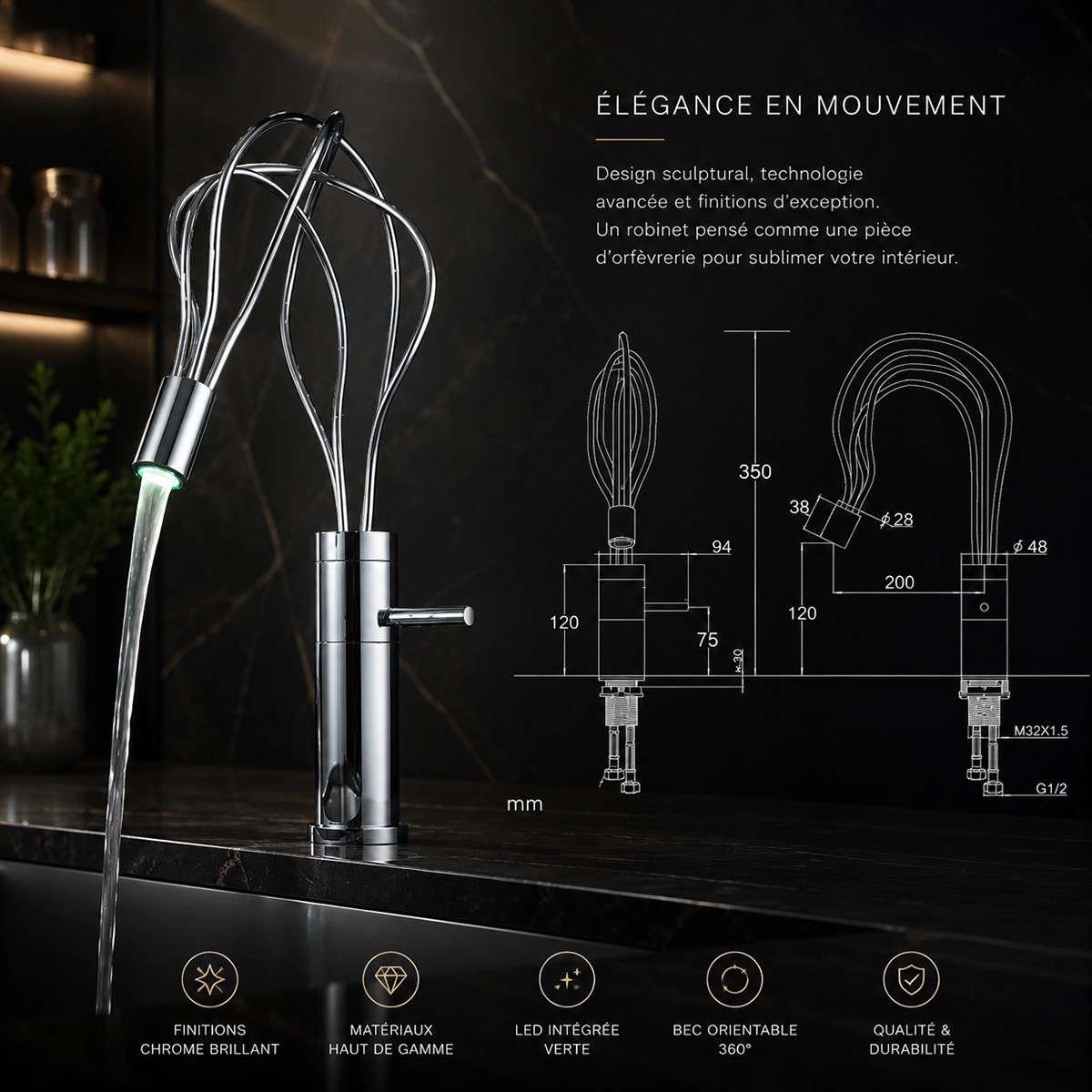 Mitigeur lavabo LED Naiso chrome inox | Indicateur eau