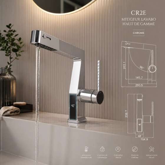 Mitigeur lavabo LED chromé avec douchette – Affichage température