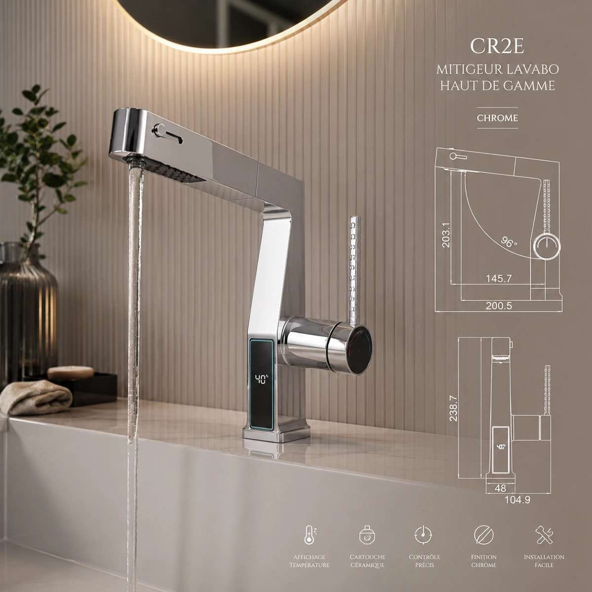Mitigeur lavabo LED chromé avec douchette – Affichage température