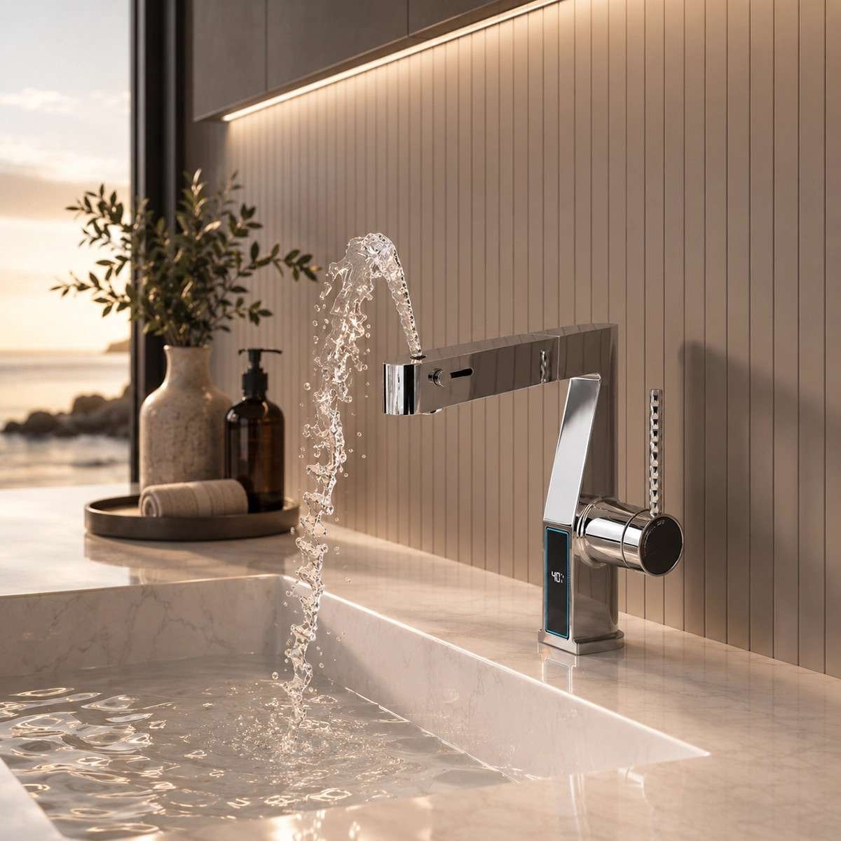 Mitigeur lavabo LED chromé avec douchette – Affichage température