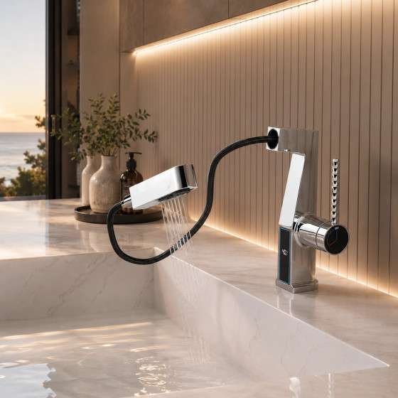 Mitigeur lavabo LED chromé avec douchette – Affichage température