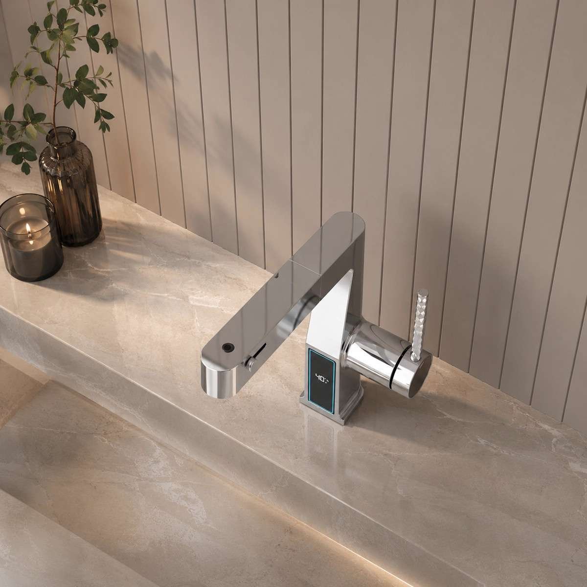Mitigeur lavabo LED chromé avec douchette – Affichage température