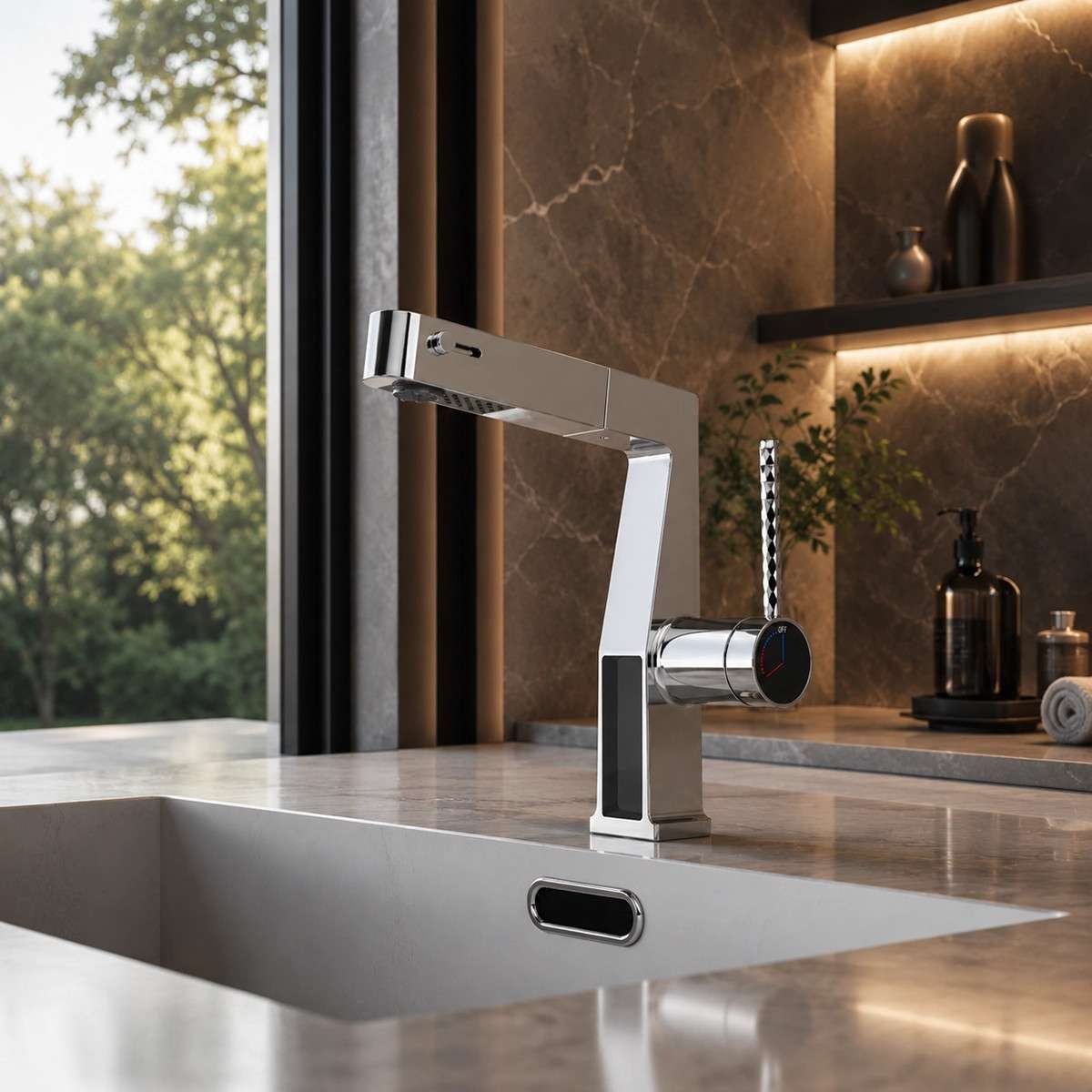 Mitigeur lavabo LED chromé avec douchette – Affichage température