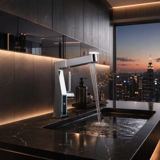 Mitigeur lavabo LED chromé avec douchette – Affichage température