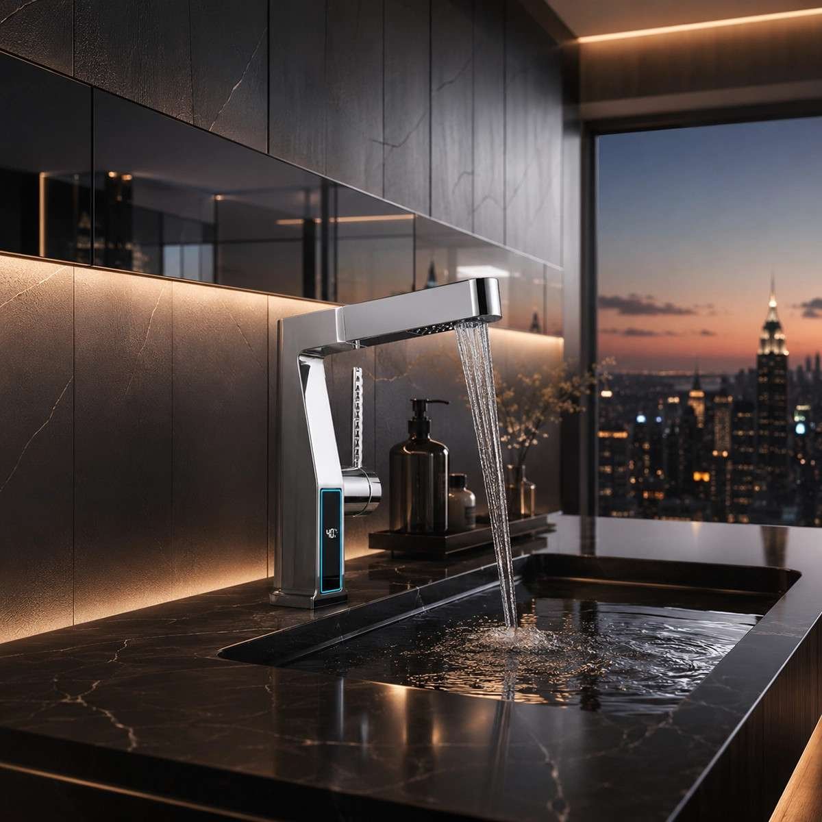 Mitigeur lavabo LED chromé avec douchette – Affichage température