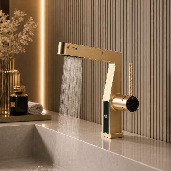 Mitigeur lavabo LED doré vasque | Douchette 3 fonctions