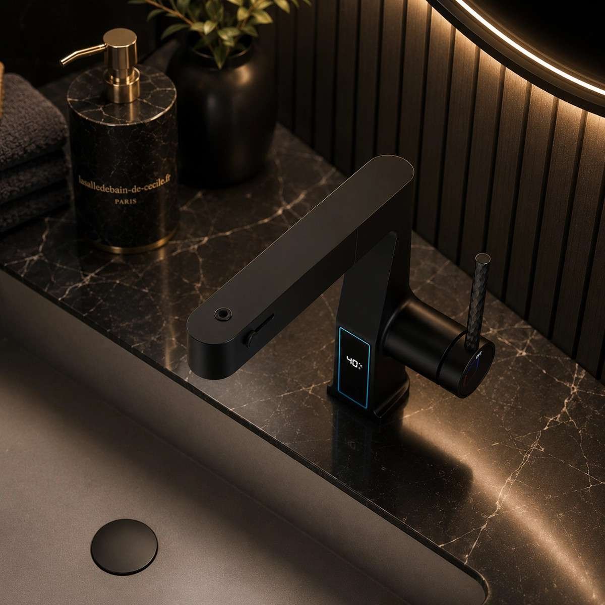 Mitigeur lavabo LED noir vasque | Douchette 3 fonctions