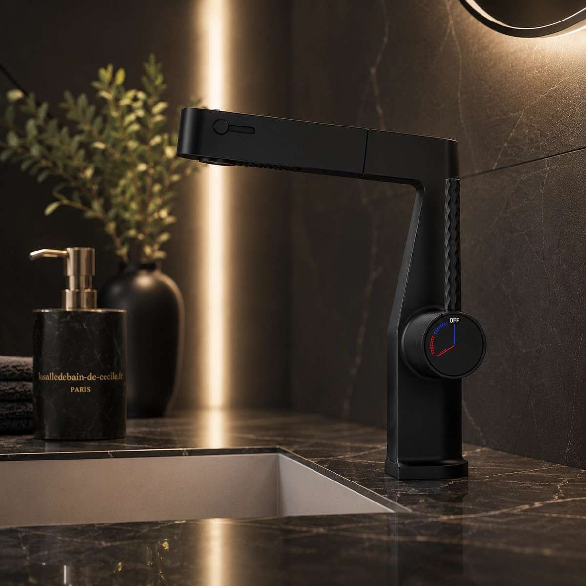 Mitigeur lavabo LED noir vasque | Douchette 3 fonctions