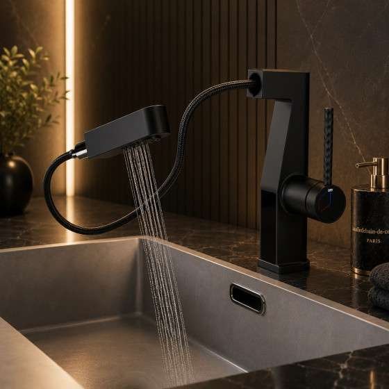 Mitigeur lavabo LED noir vasque | Douchette 3 fonctions