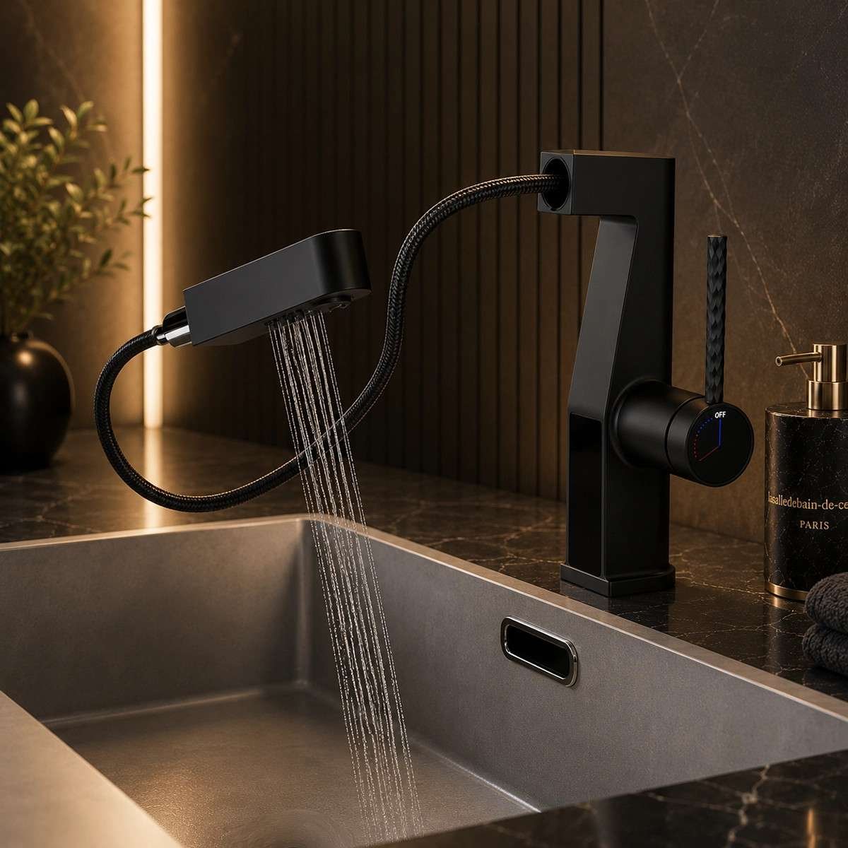 Mitigeur lavabo LED noir vasque | Douchette 3 fonctions