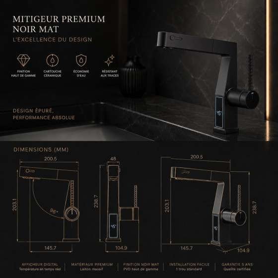 Mitigeur lavabo LED noir vasque | Douchette 3 fonctions