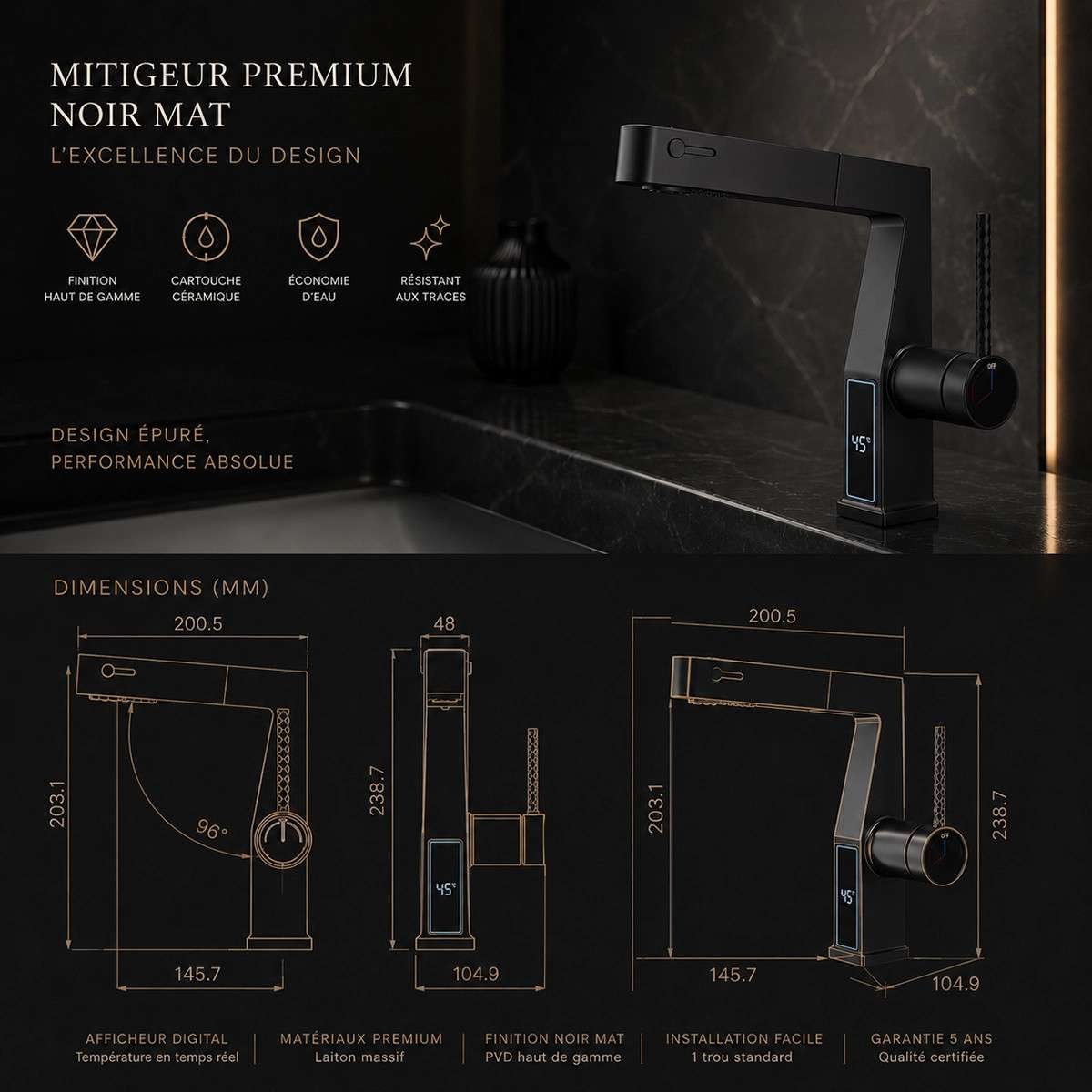 Mitigeur lavabo LED noir vasque | Douchette 3 fonctions