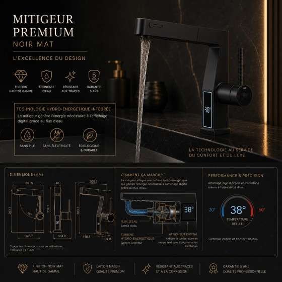 Mitigeur lavabo LED noir vasque | Douchette 3 fonctions