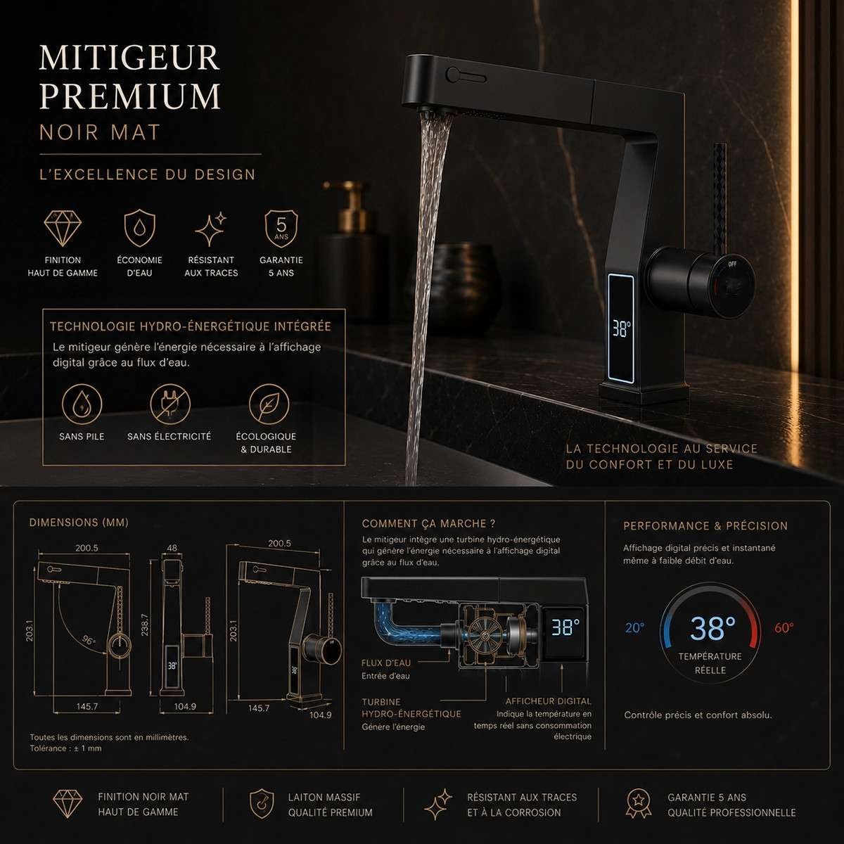 Mitigeur lavabo LED noir vasque | Douchette 3 fonctions