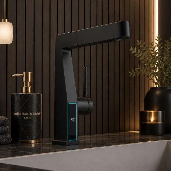 Mitigeur lavabo LED noir vasque | Douchette 3 fonctions