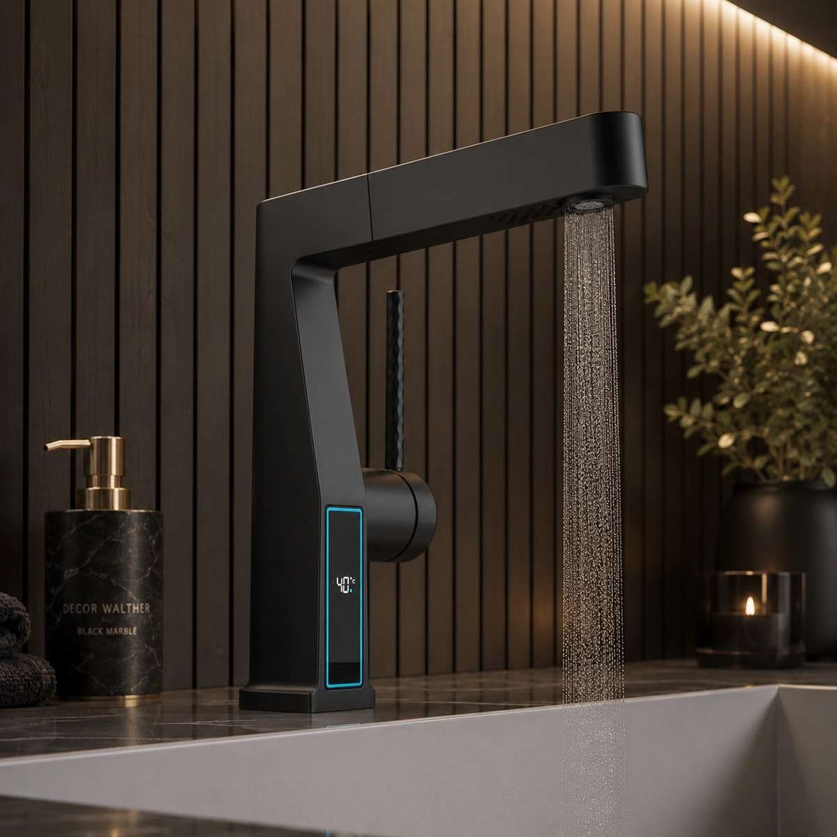 Mitigeur lavabo LED noir vasque | Douchette 3 fonctions