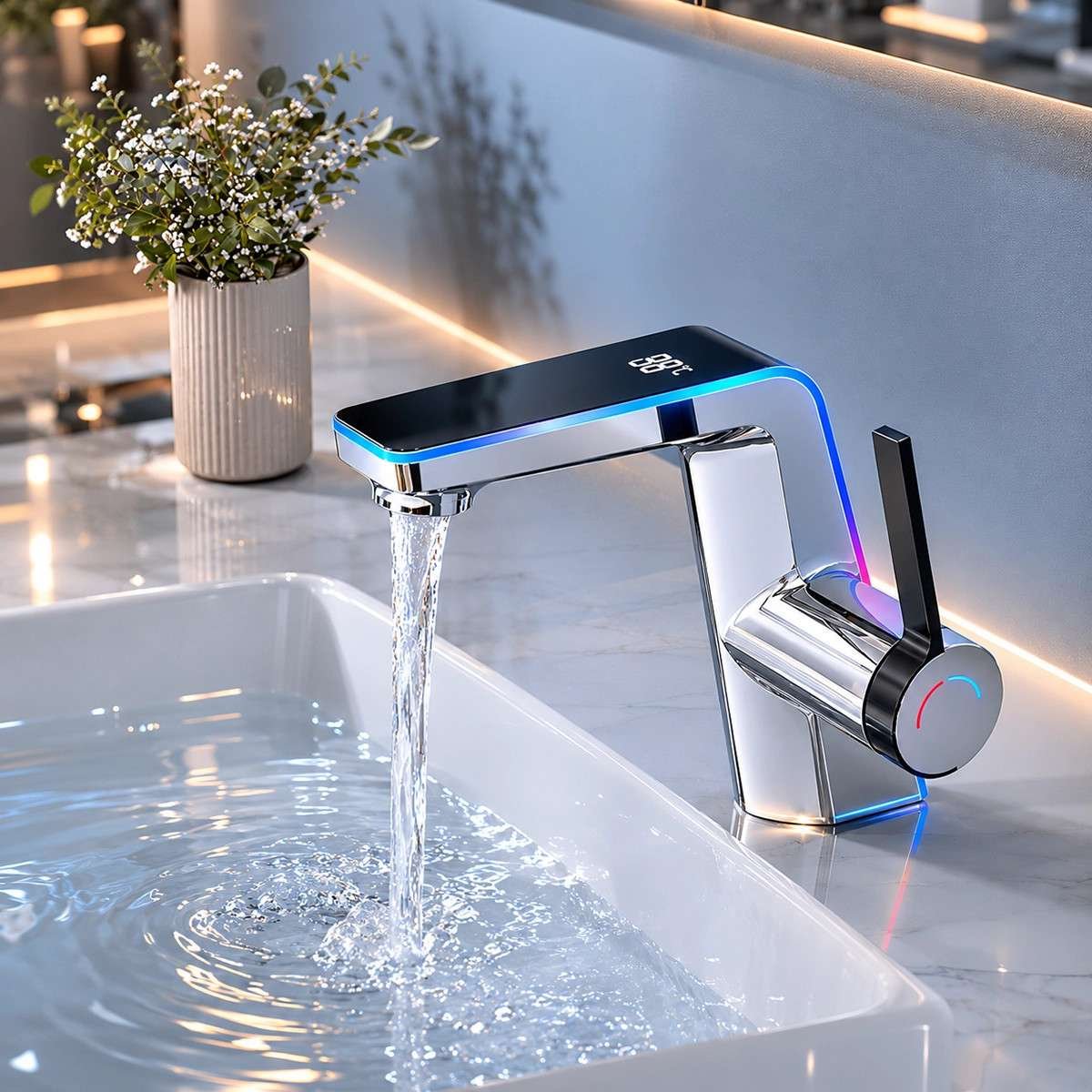 Mitigeur lavabo LED chrome vasque | Indicateur température