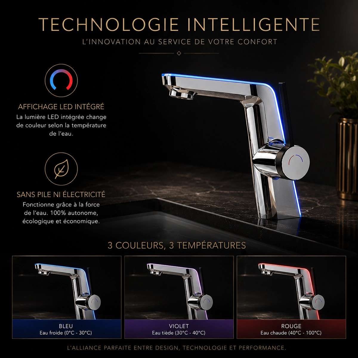 Mitigeur lavabo LED chrome vasque | Indicateur température