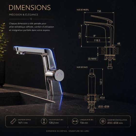Mitigeur lavabo LED chrome vasque | Indicateur température