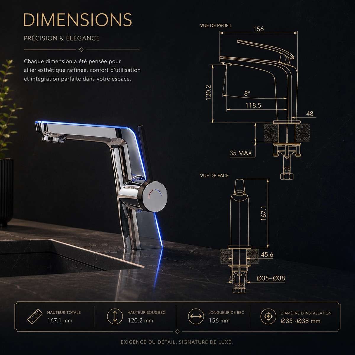 Mitigeur lavabo LED chrome vasque | Indicateur température