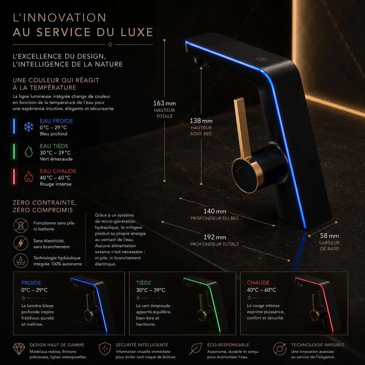 Mitigeur lavabo noir LED – Affichage température intelligent
