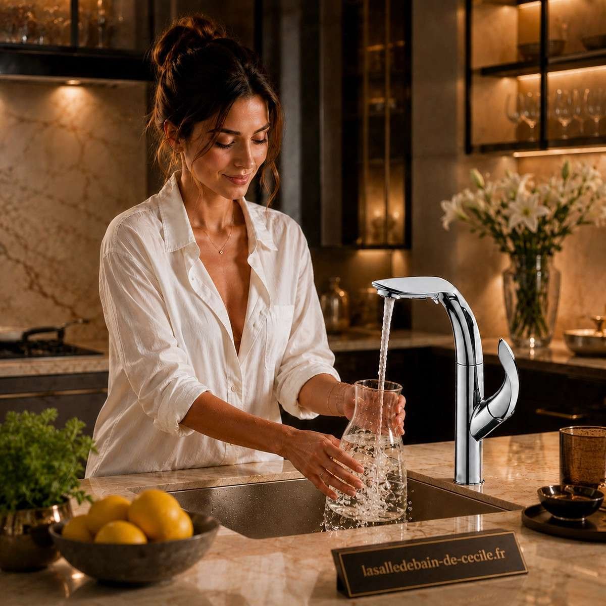 Mitigeur de cuisine chrome surélevé avec douchette