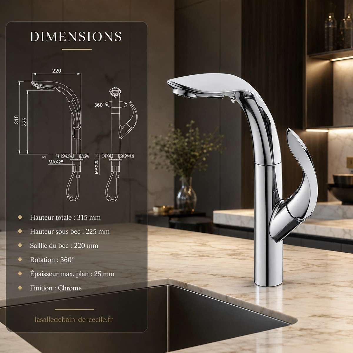 Mitigeur de cuisine chrome surélevé avec douchette
