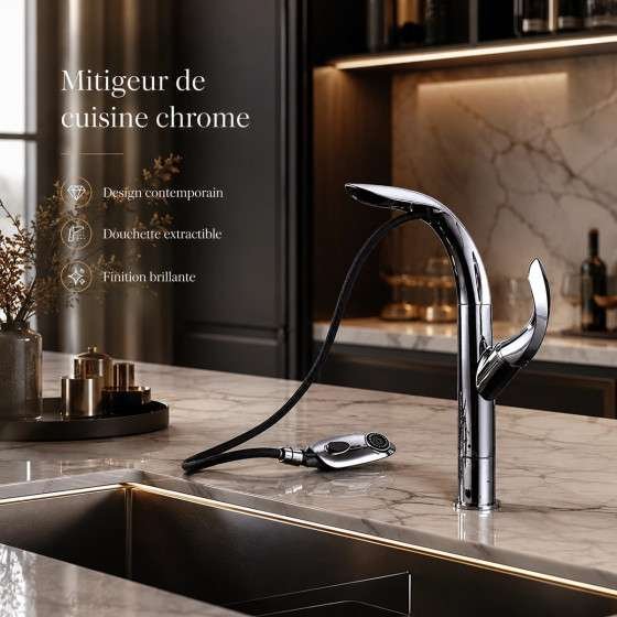 Mitigeur de cuisine chrome surélevé avec douchette