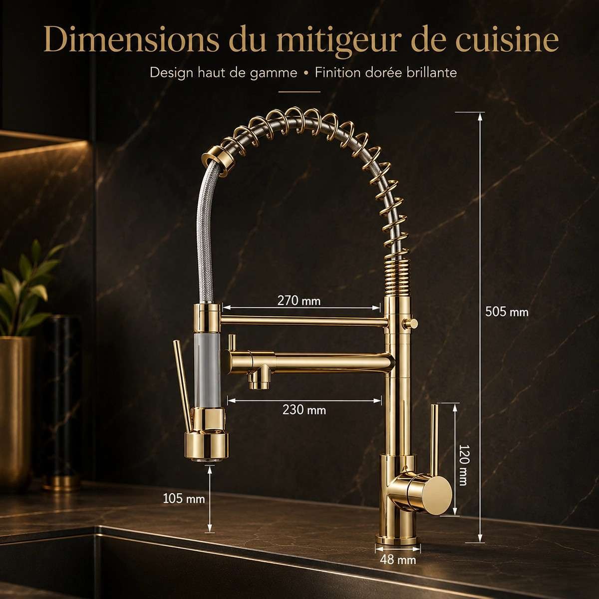 Mitigeur évier cuisine Diam’s doré | Douchette extractible