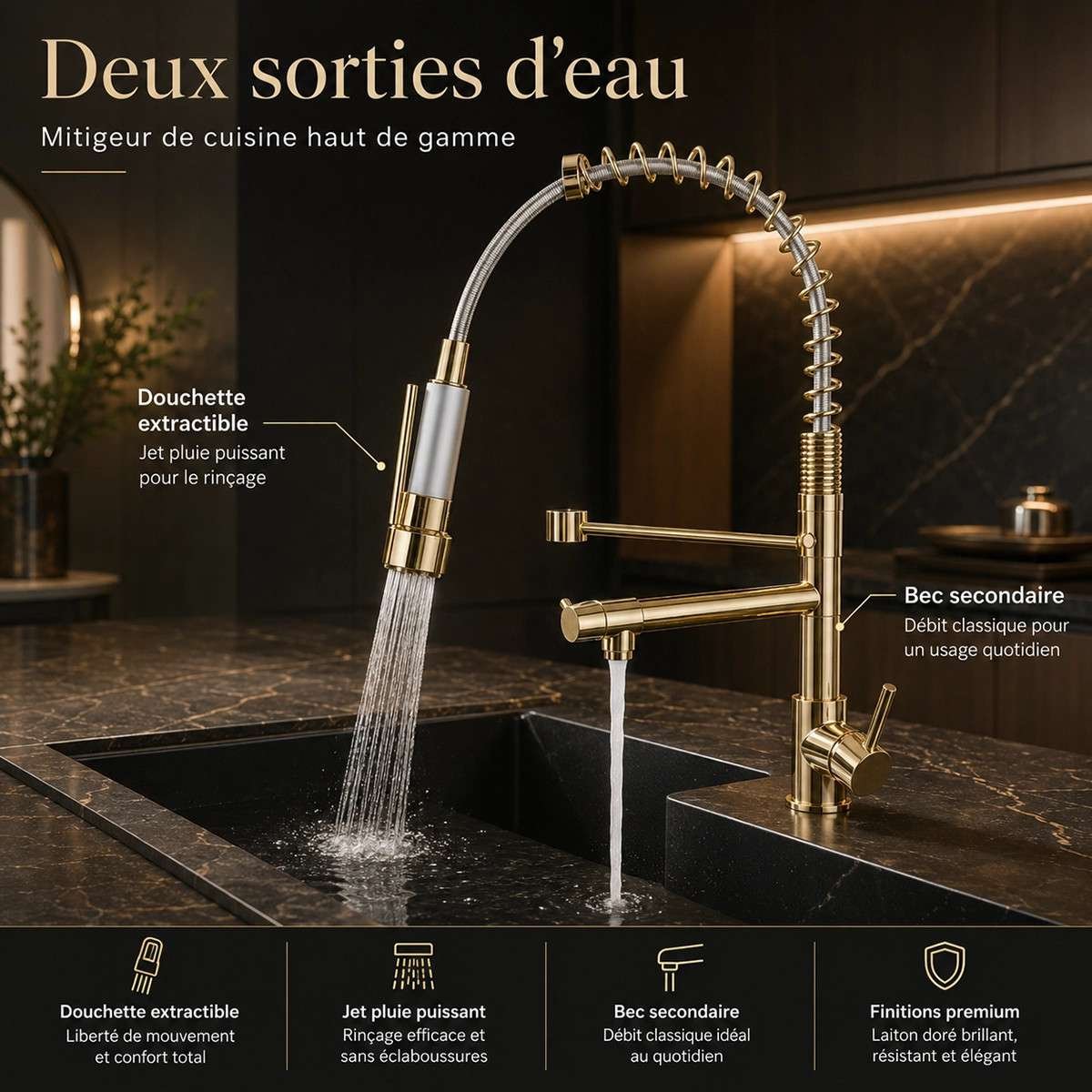Mitigeur évier cuisine Diam’s doré | Douchette extractible