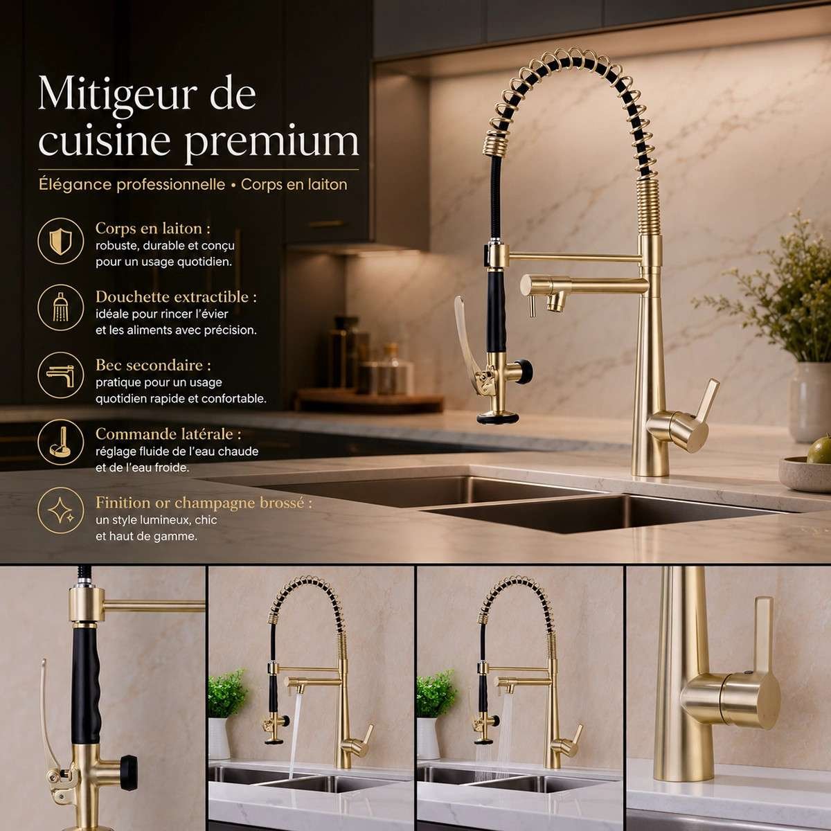 Mitigeur cuisine semi-pro doré Artus – Douchette extractible