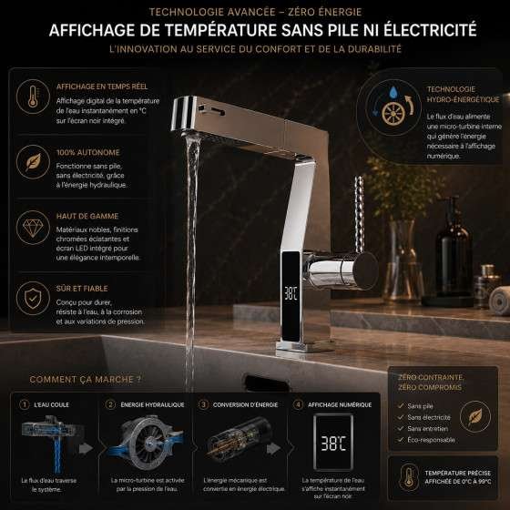 Mitigeur lavabo LED chromé avec douchette – Affichage température