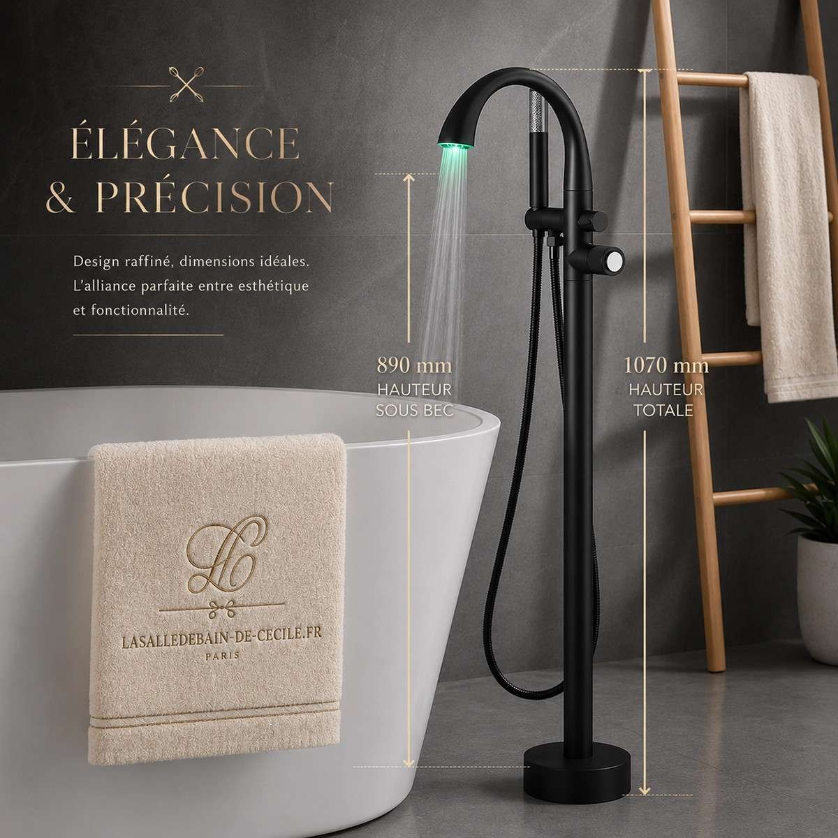 Mitigeur baignoire au sol LED Fusion noir | Design moderne